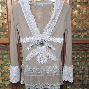 Sheer Taupe Boho Embellished Top Crochet Detail